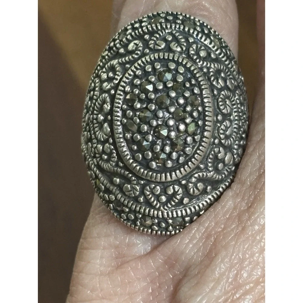 Vintage Marcasite 925 Sterling Silver Cocktail Ring Size 6.25, 11.6 Grams